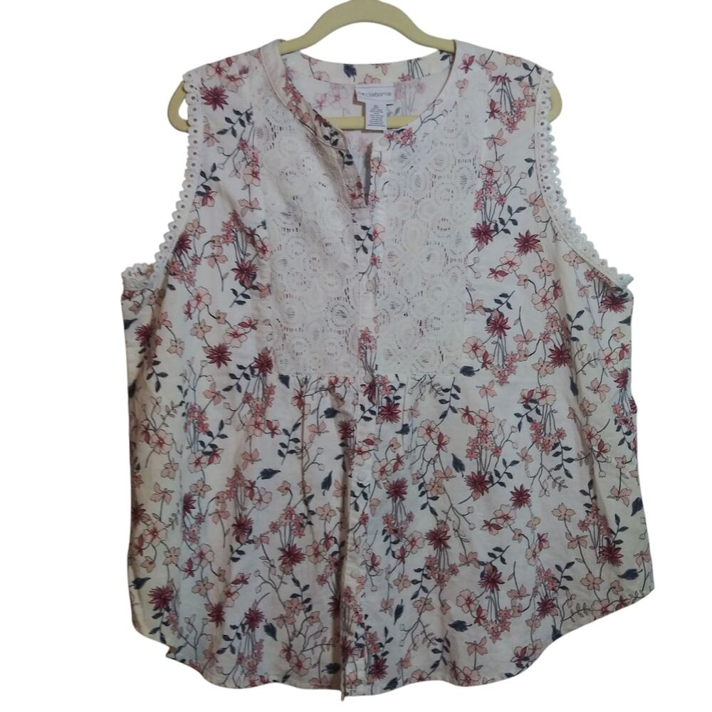 Liz Claiborne Linen Natural Sleeveless Button Up Floral Cottagecore Top Size XL